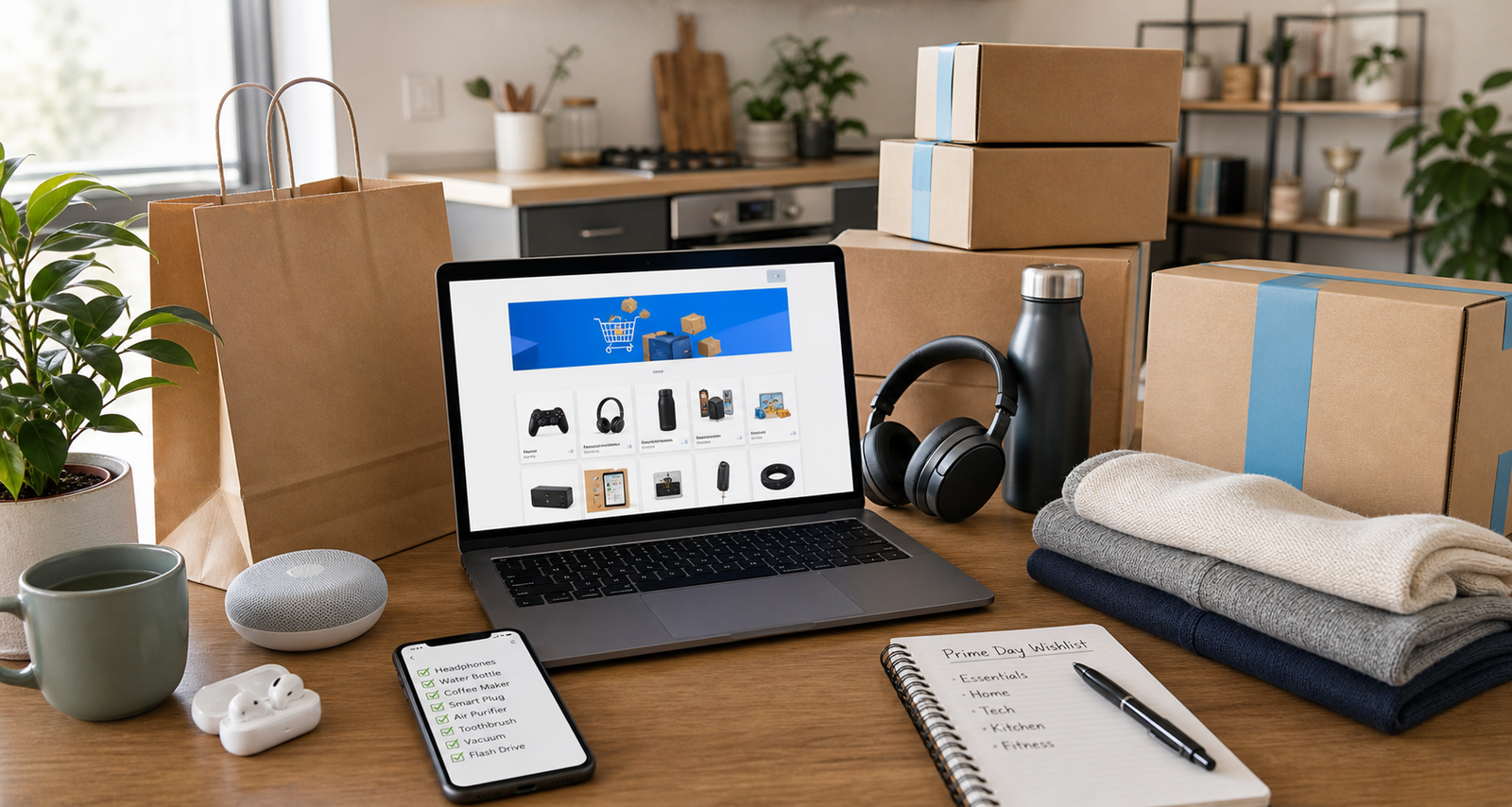 Realistic home shopping setup with laptop, phone checklist, boxes, headphones, clothing, and everyday products for Amazon Prime Day planning