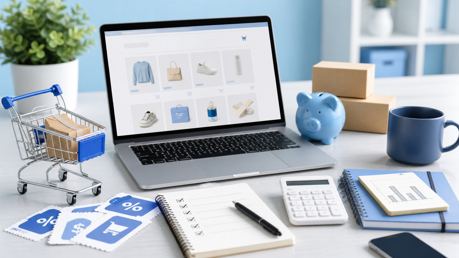 Seasonal online shopping calendar with discount tags and shopping icons