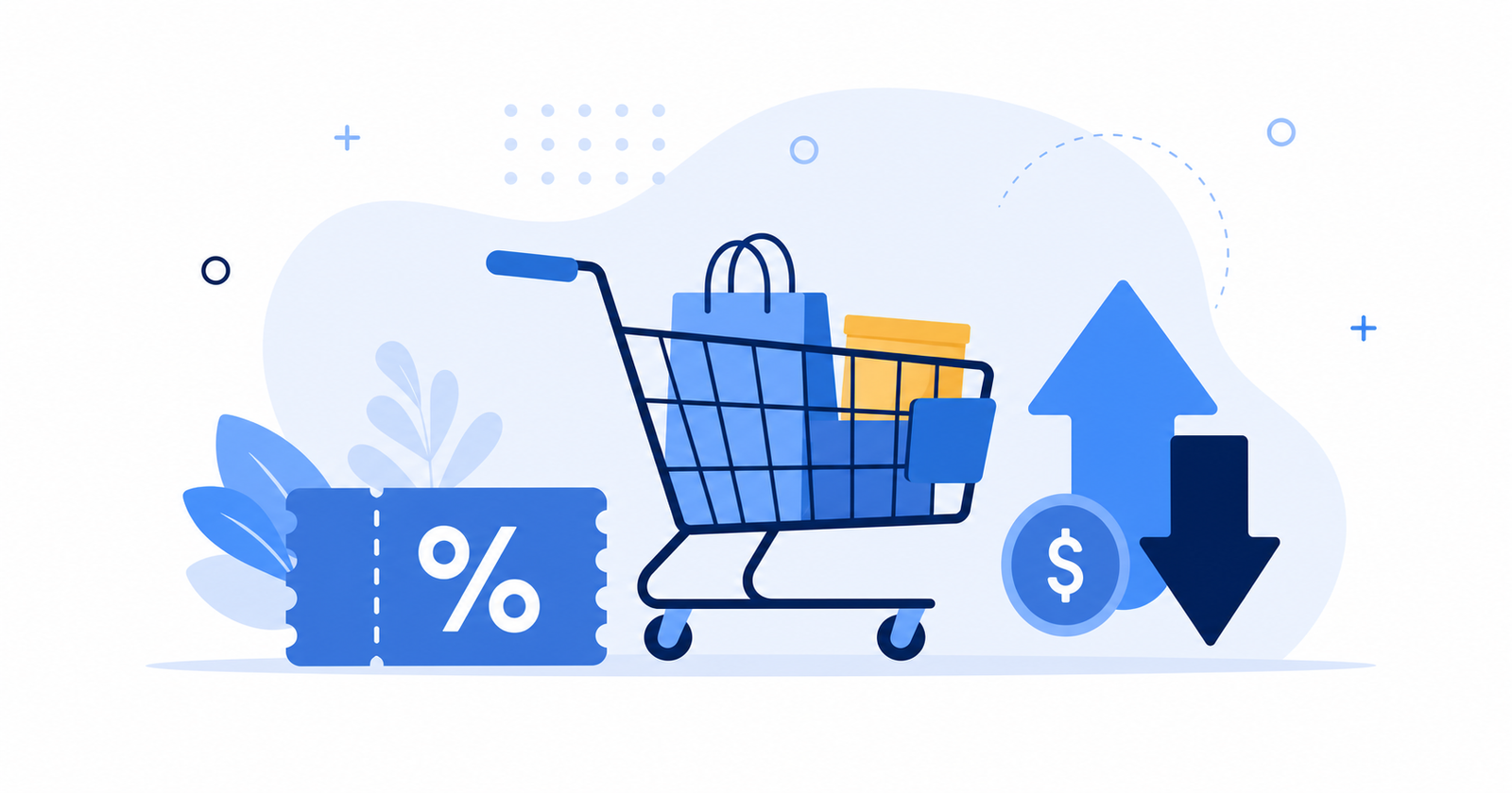Shopping cart and savings icons representing online money saving tips