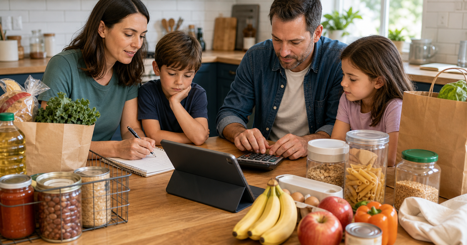 Family shopping list, groceries, home basics, and a calm weekly budget planning scene