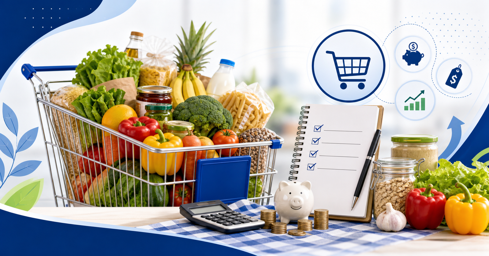 Online sale banner with shopping cart, warning icons, and budget checklist