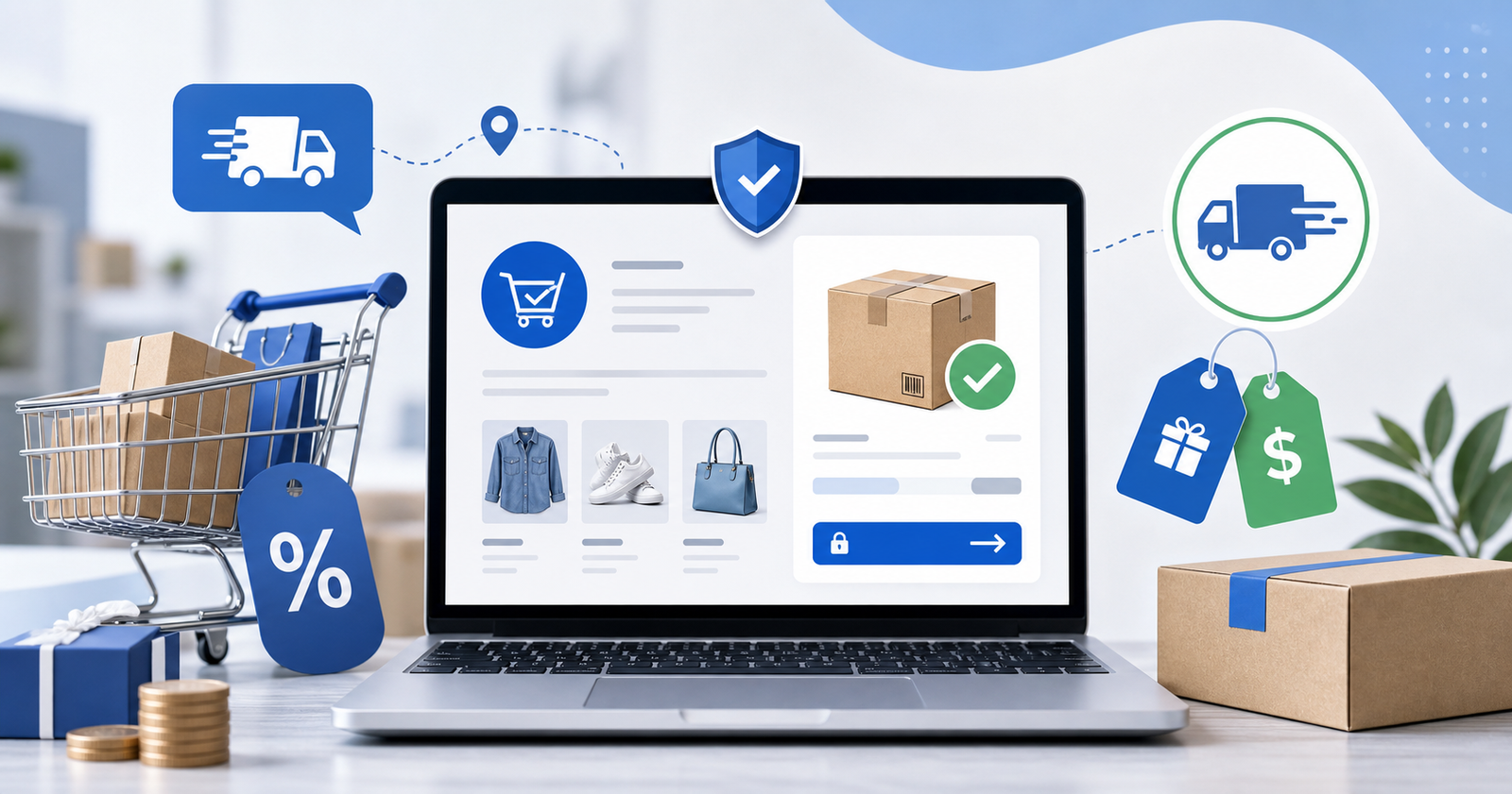 Online checkout page with shipping box, delivery icons, savings tags, and shopping cart