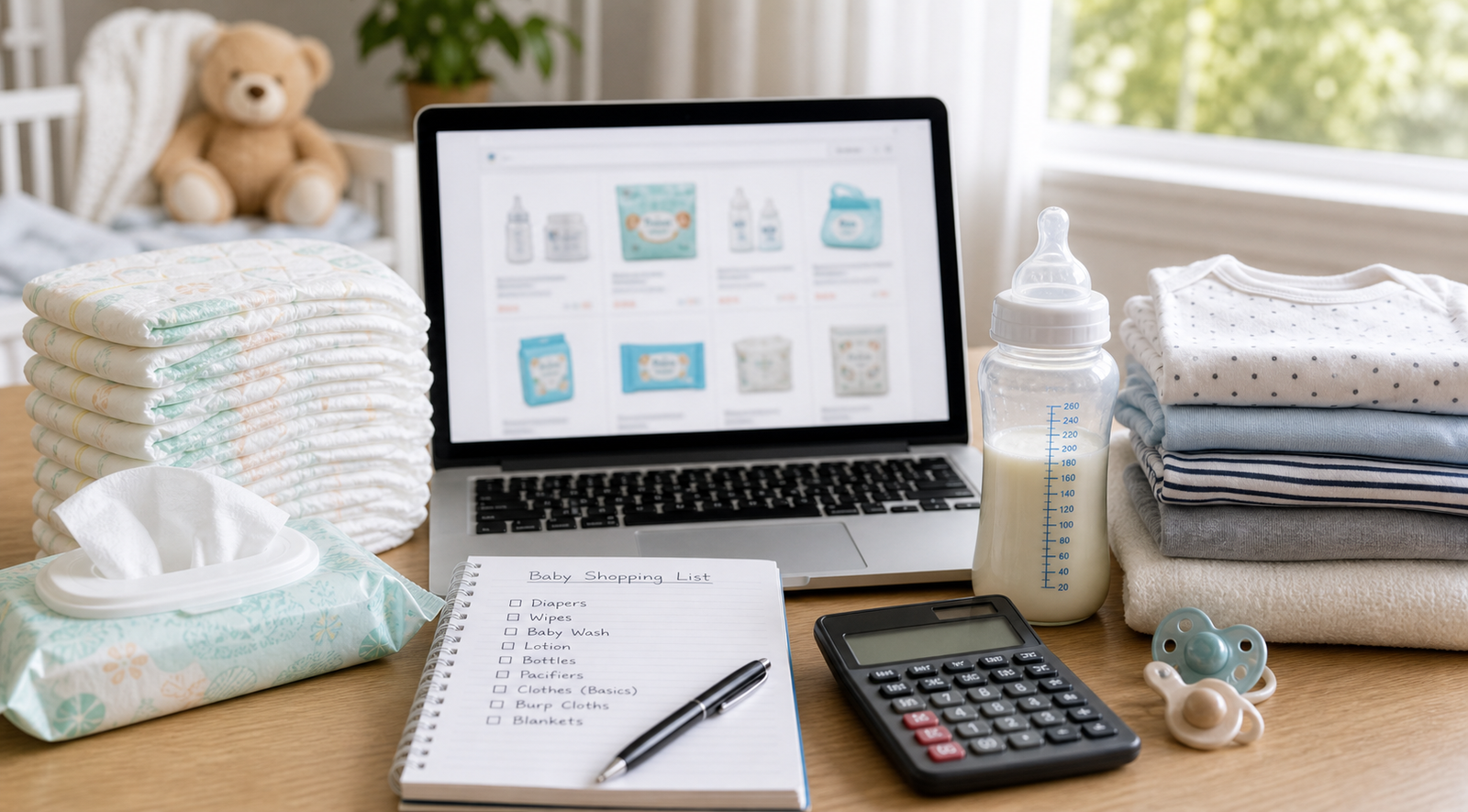 Realistic baby shopping scene with diapers, wipes, baby bottle, folded clothes, calculator, and shopping list beside a laptop