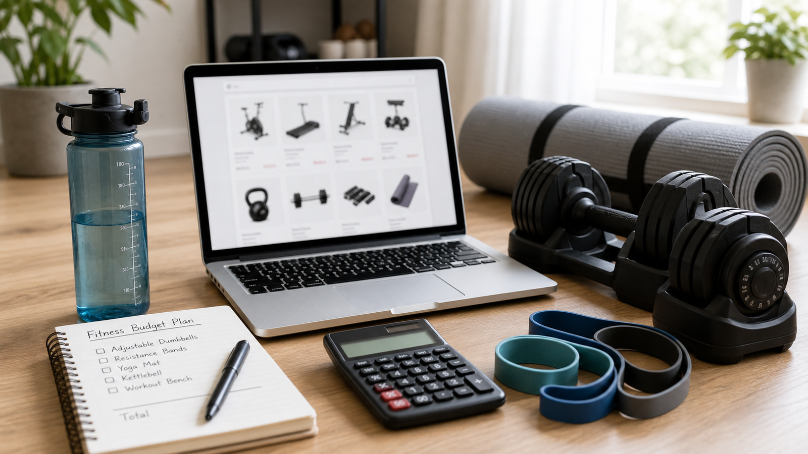 Realistic home fitness shopping scene with dumbbells, resistance bands, yoga mat, calculator, and shopping notes beside a laptop