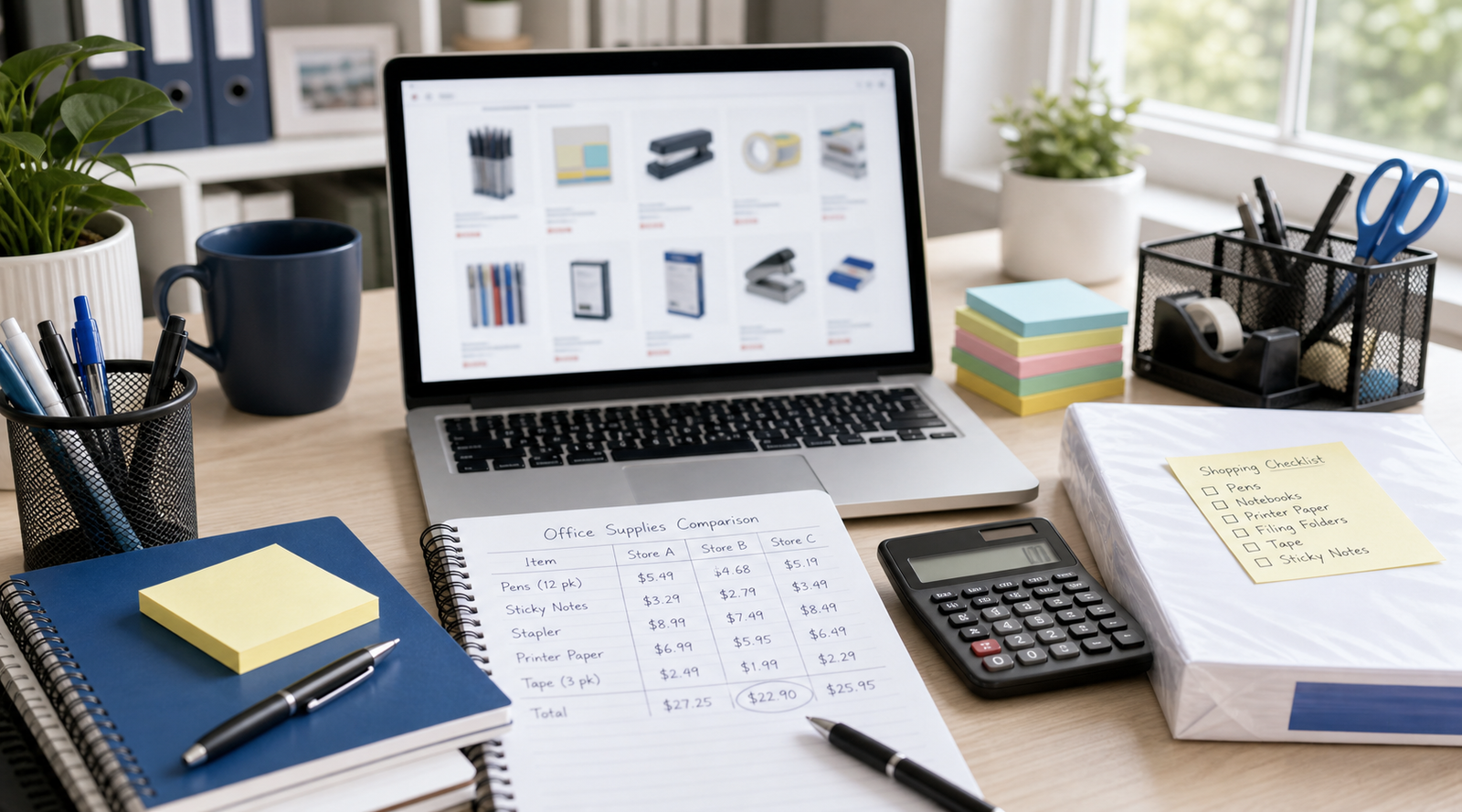 Realistic office-supplies shopping scene with notebooks, pens, printer paper, sticky notes, calculator, and comparison list beside a laptop