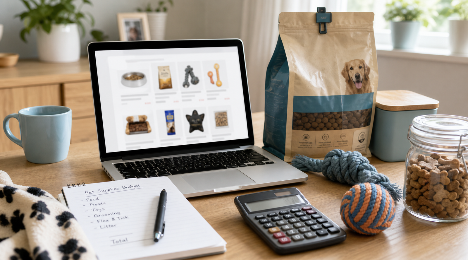 Realistic pet supplies shopping scene with laptop, pet food bag, treats, toys, calculator, and handwritten budget list