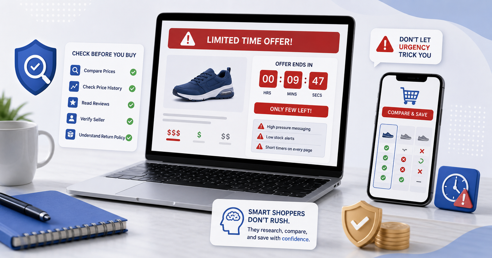 Online sale screen with countdown timer, alert icons, checklist, and calm comparison notes