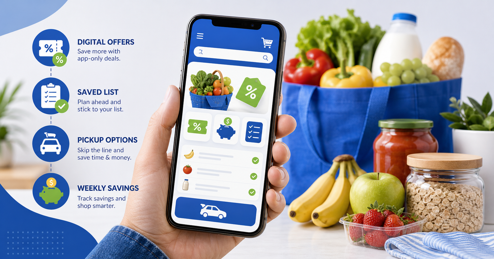 Grocery app on a phone with shopping list, digital offers, pickup icon, and pantry items