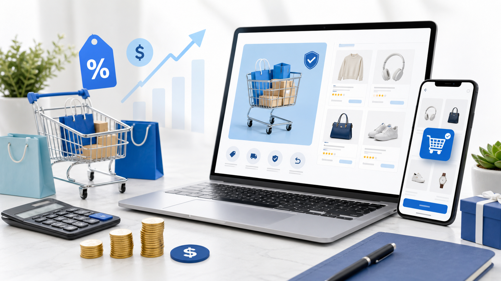 Realistic comparison shopping screen with deal page cards, coupon notes, and shipping totals highlighted