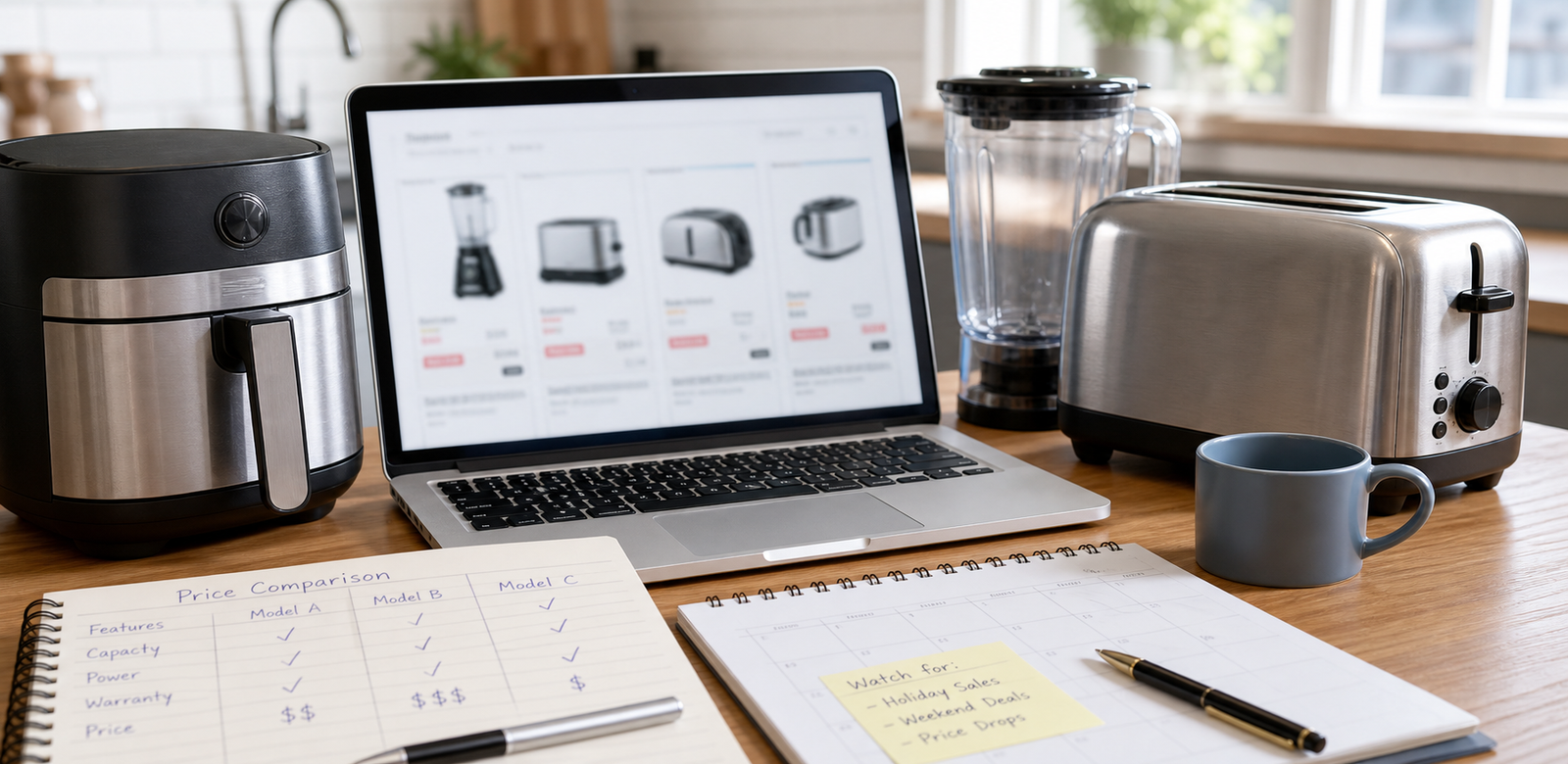 Realistic kitchen appliance shopping scene with laptop, air fryer, blender, toaster, price comparison notes, and calendar reminder