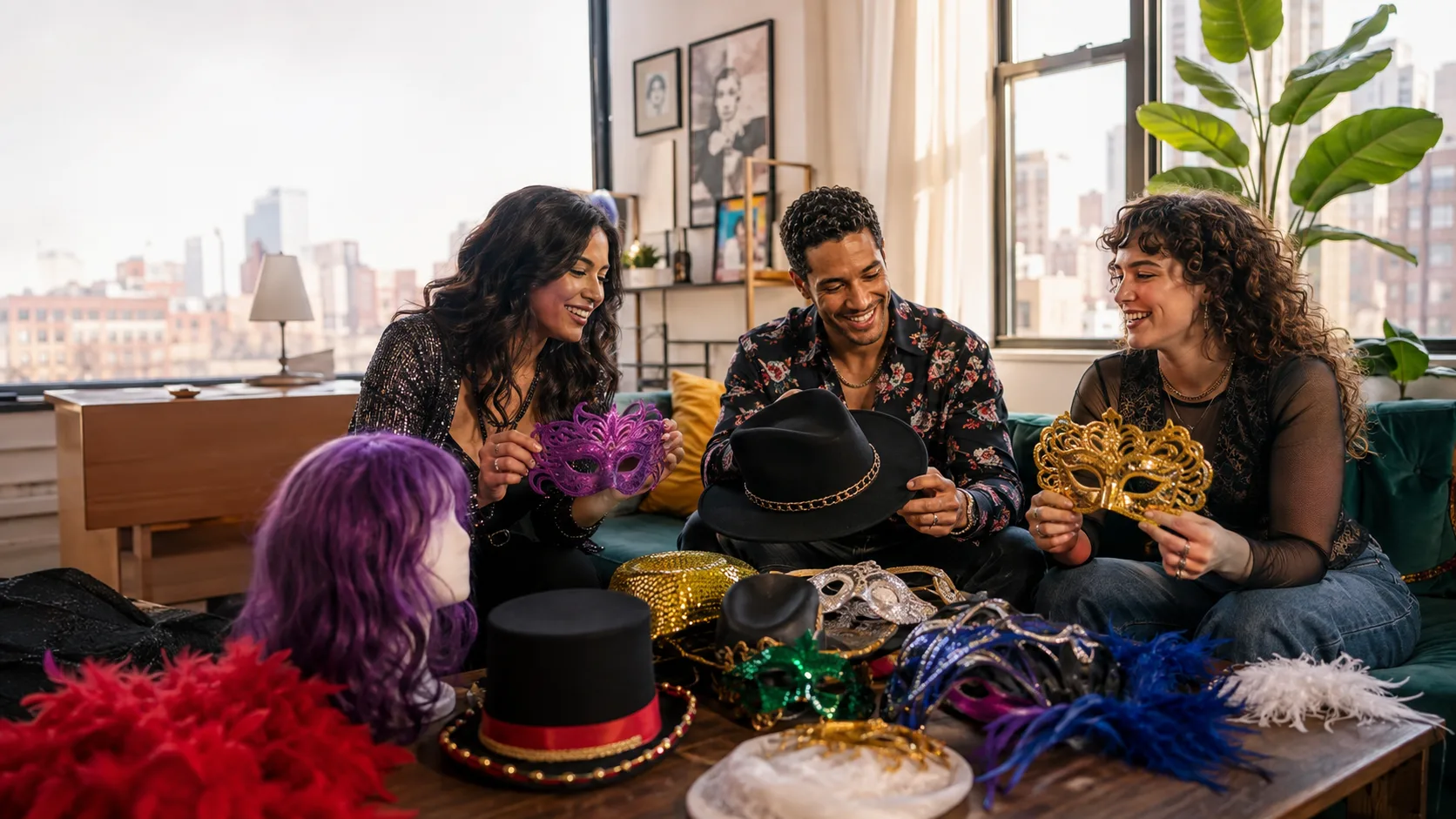 Friends comparing colorful masks, hats and costume accessories before a party