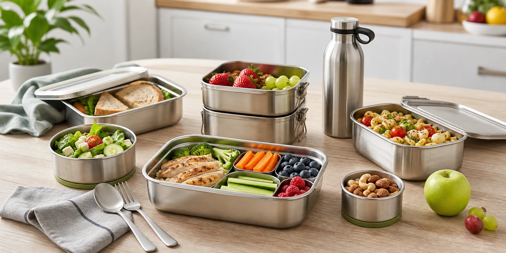 Realistic stainless steel lunch boxes with healthy lunch food on a modern kitchen table