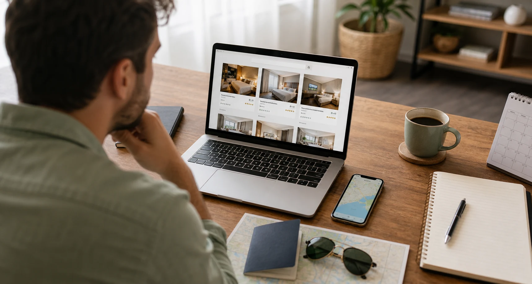 Traveler comparing hotel options on a laptop at a clean desk with a phone, notebook, and travel planning items