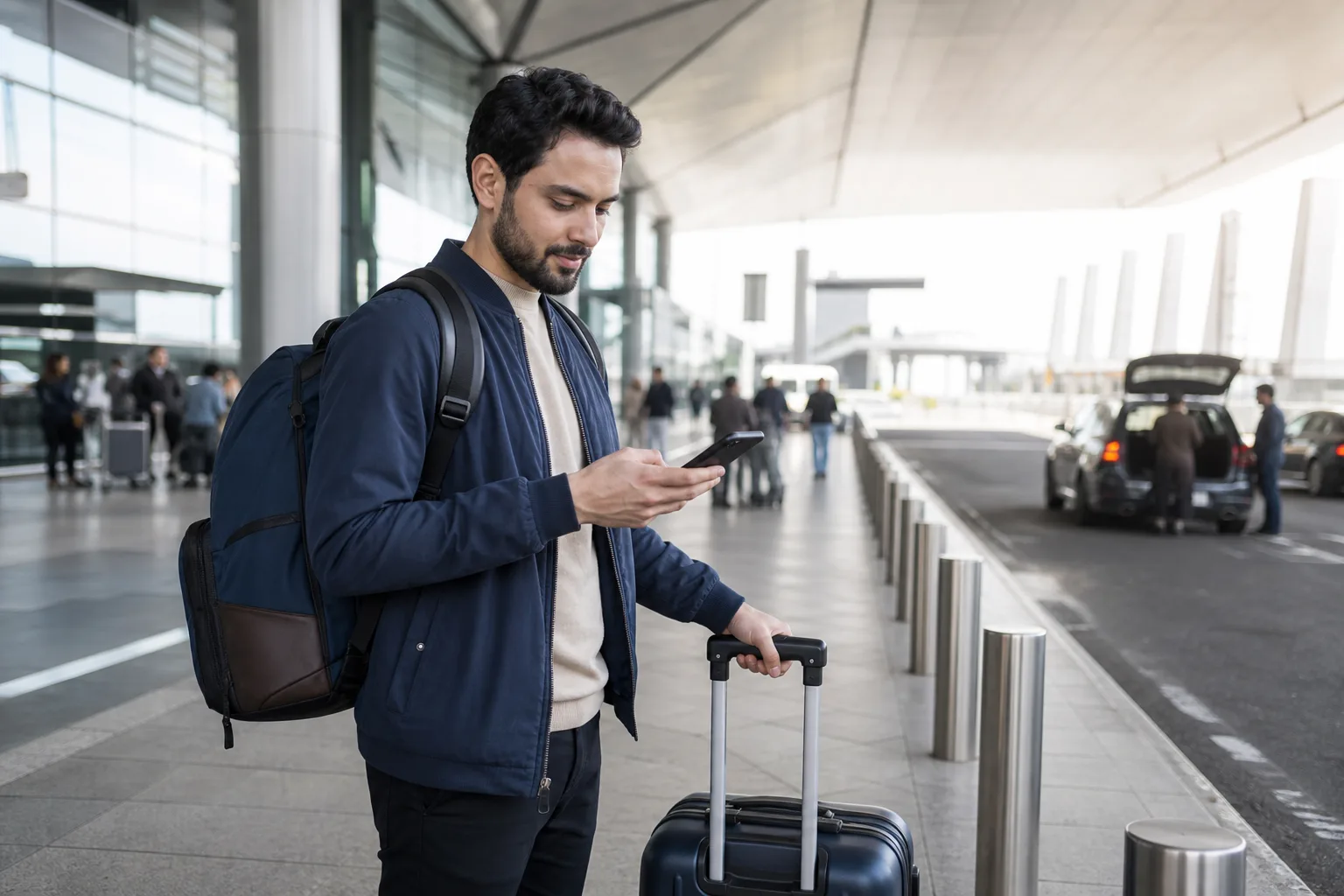 Traveler checking an airport taxi reservation near the airport pickup area