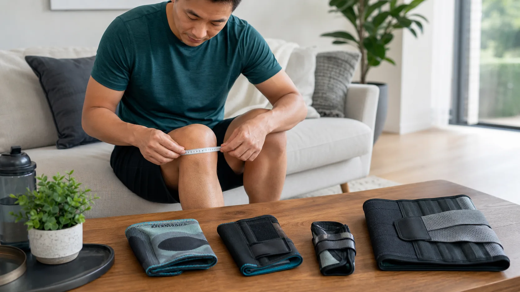 Shopper measuring around the knee before comparing several orthopedic supports