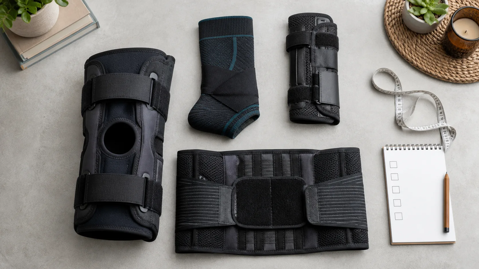 Knee, ankle, wrist, and back supports arranged with a flexible measuring tape and checklist