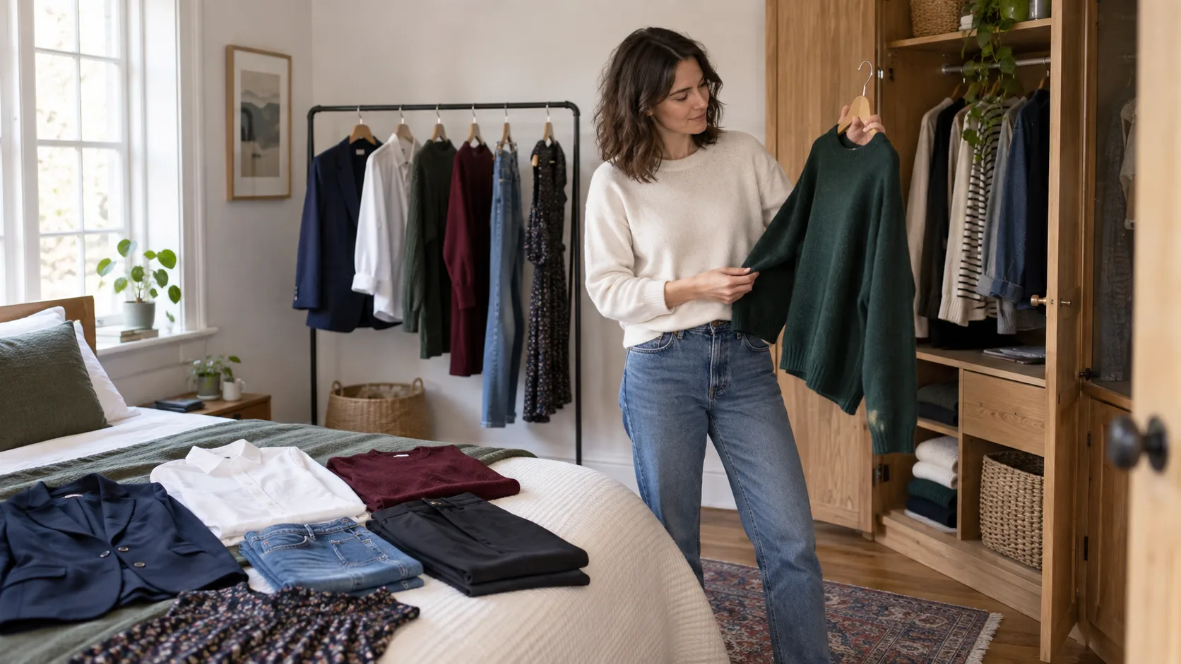 Woman planning outfits from a compact wardrobe at home