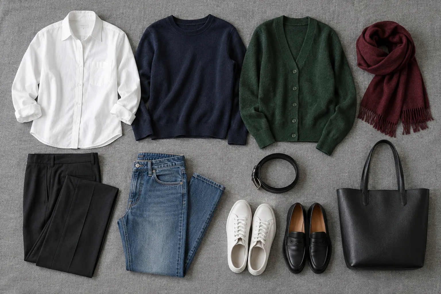Coordinated capsule wardrobe clothes, shoes, scarf, belt, and tote arranged for outfit planning