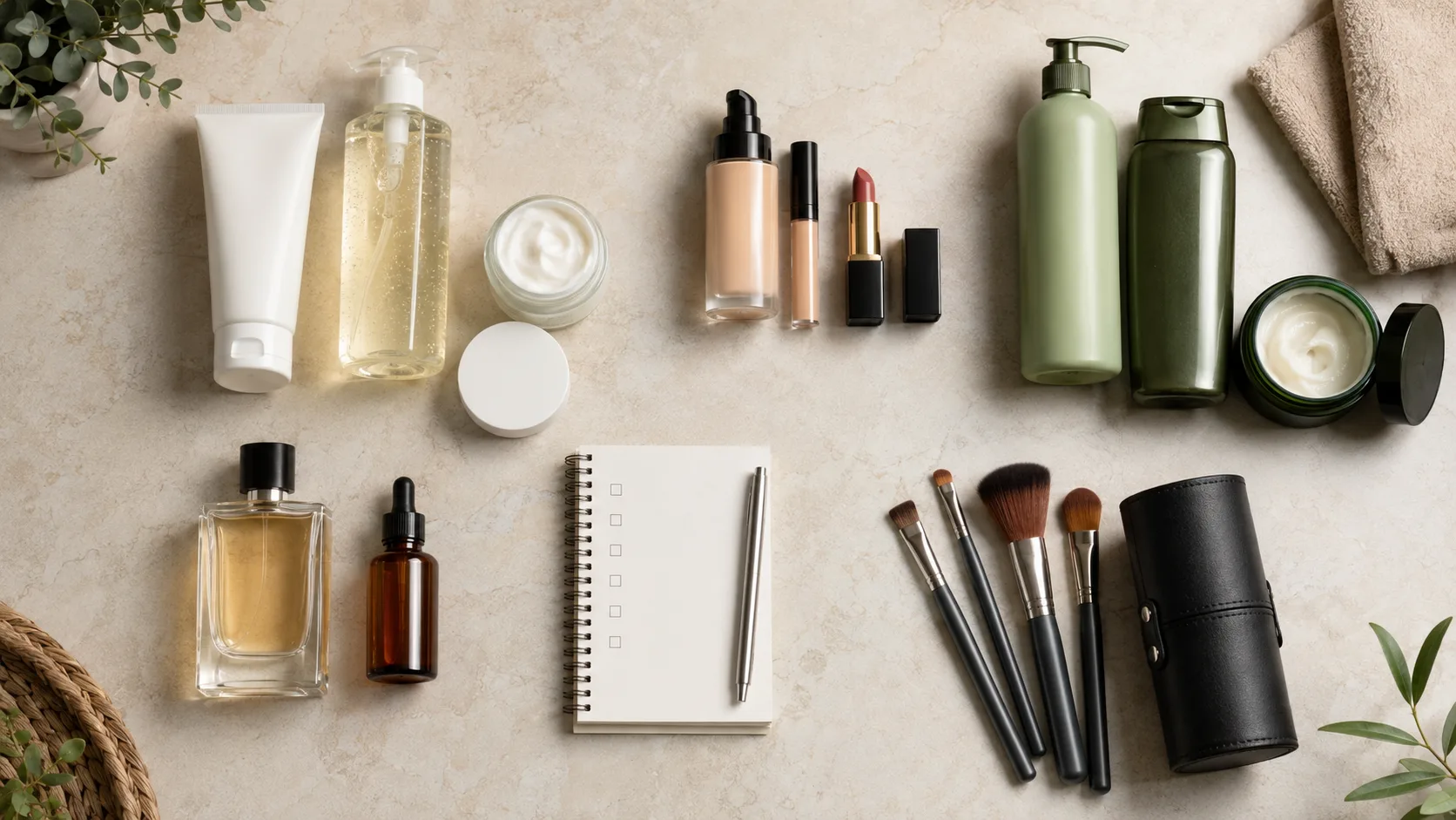 Skincare, makeup, haircare, fragrance, and beauty tools arranged around a shopping checklist