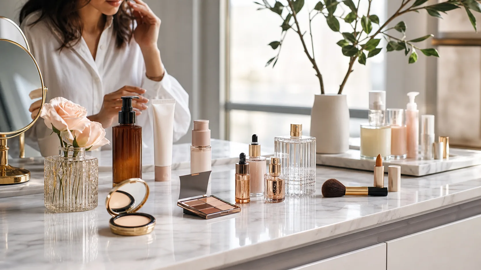 New makeup, skincare, haircare and fragrance products arranged on a modern beauty counter