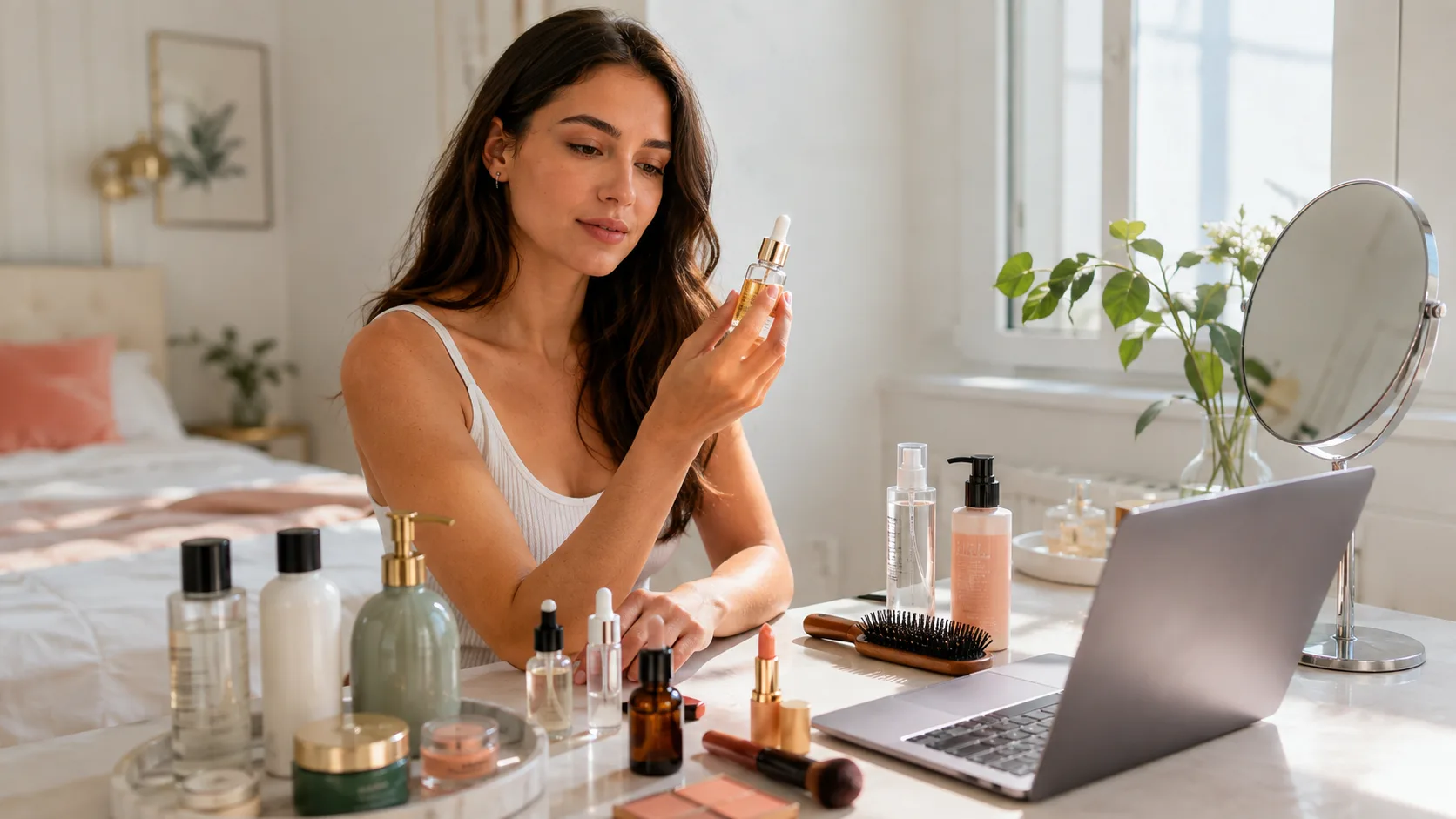 Shopper comparing skincare, makeup, haircare, and fragrance products beside a laptop