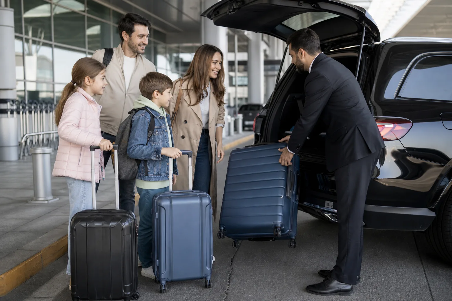 Family loading luggage into a pre-arranged airport transfer vehicle