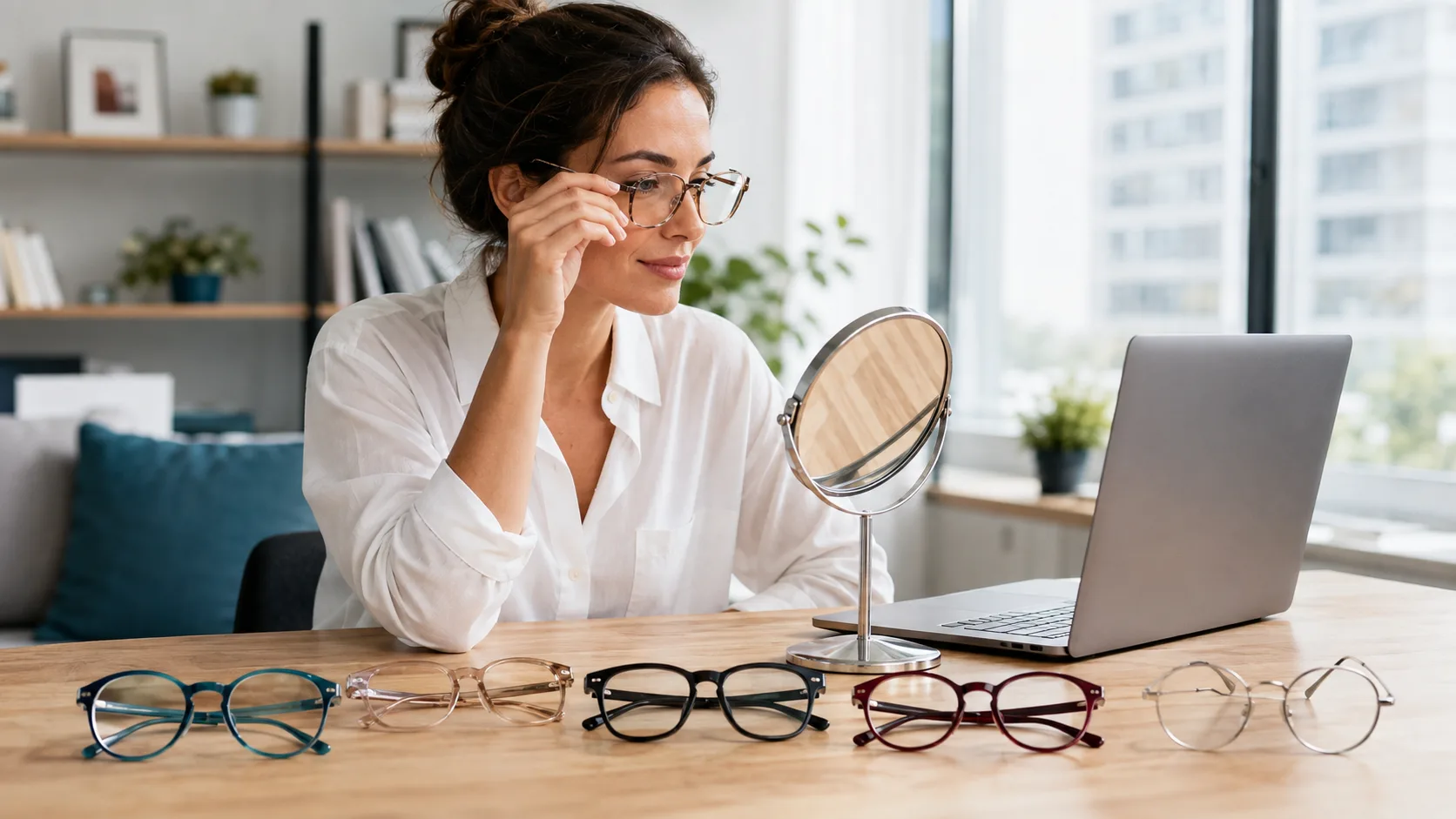 Shopper comparing several eyeglass frames beside a laptop and mirror