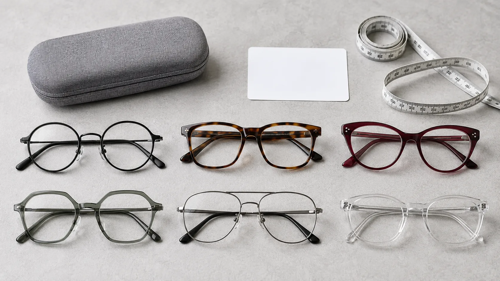Six eyeglass frame shapes arranged with a measuring tape, case, and blank reference card