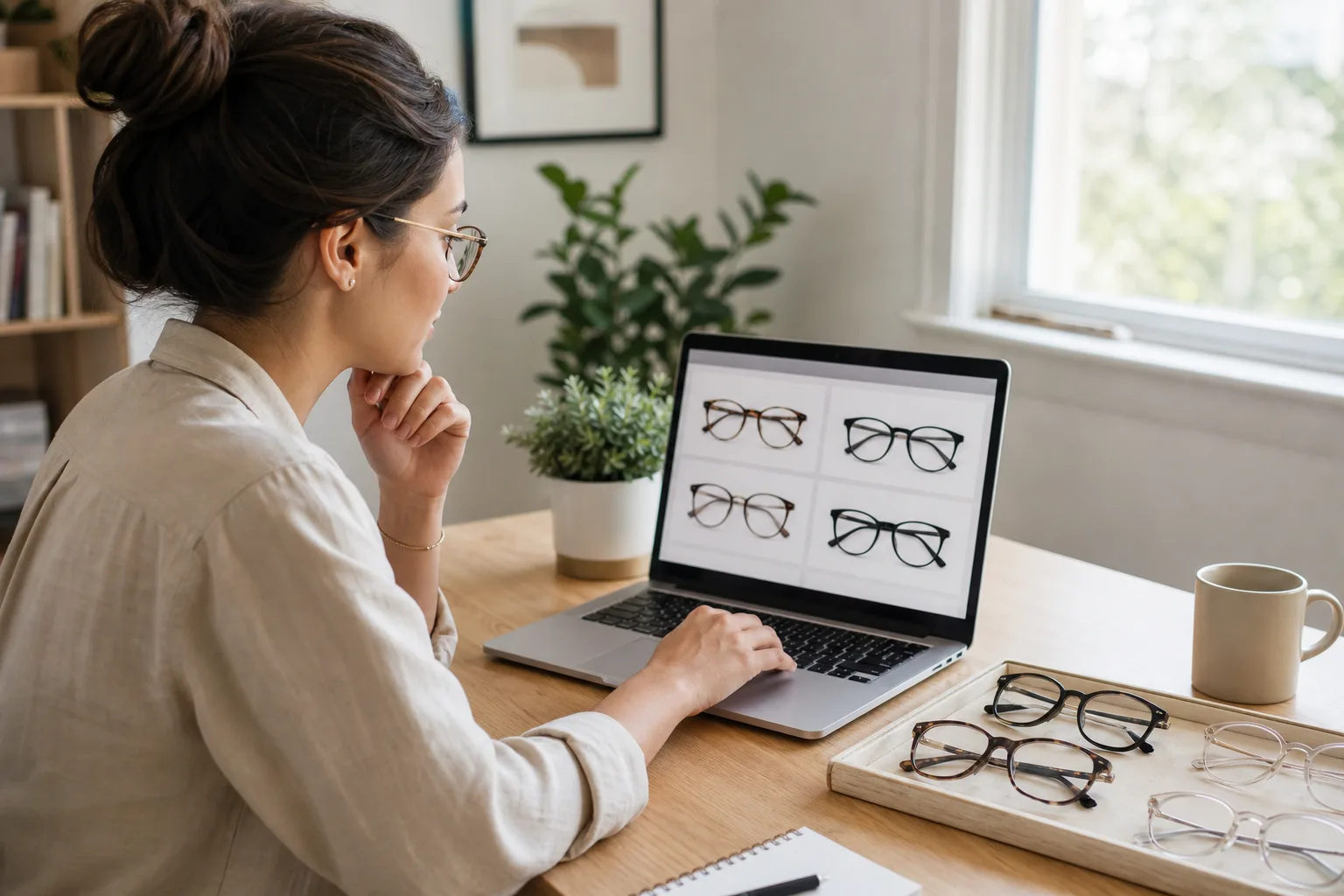 Woman comparing eyeglass frame styles while shopping online