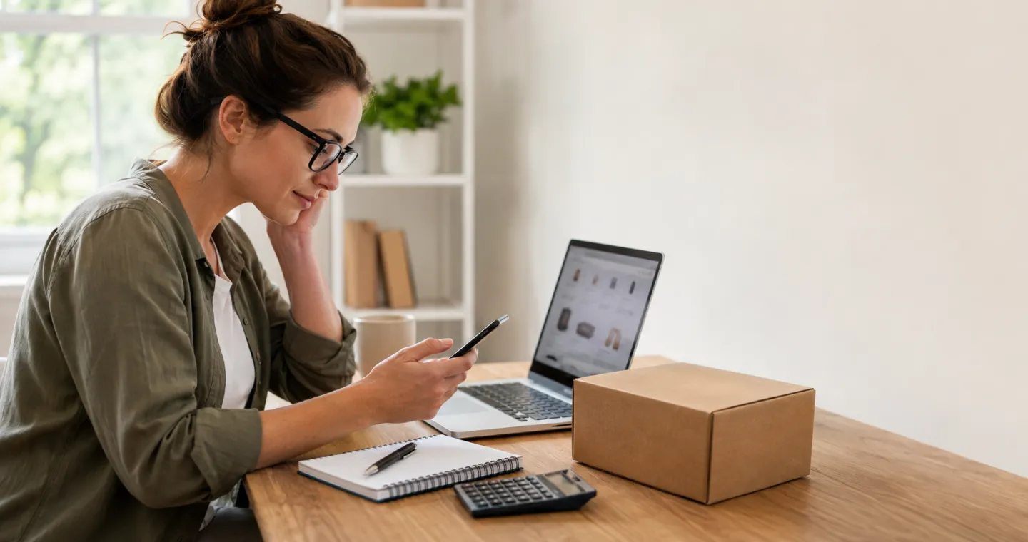 Shopper comparing online prices on a laptop and smartphone at home