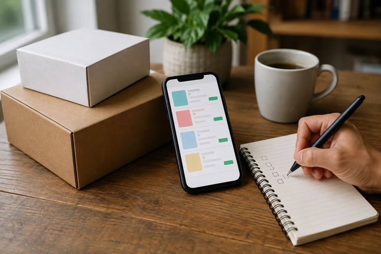 Online shopping comparison checklist beside packages and a smartphone