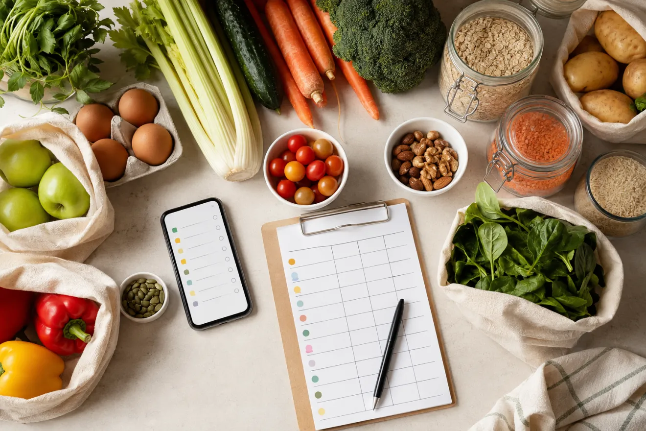 Online grocery planning checklist with fresh produce and pantry staples
