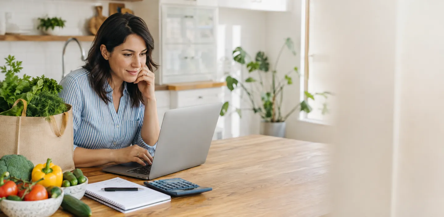 Shopper planning an online grocery order at a kitchen table